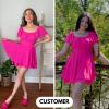 imageEXLURA Womens 2025 Summer Ruffle Short Sleeve Tie Back Romper Dress Square Neck A Line Cute Dressy Short JumpsuitsHot Pink