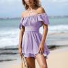 imageEXLURA Womens 2025 Summer Ruffle Short Sleeve Tie Back Romper Dress Square Neck A Line Cute Dressy Short JumpsuitsLight Purple