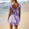 imageEXLURA Womens 2025 Summer Ruffle Short Sleeve Tie Back Romper Dress Square Neck A Line Cute Dressy Short JumpsuitsLight Purple