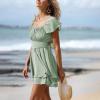 imageEXLURA Womens 2025 Summer Ruffle Short Sleeve Tie Back Romper Dress Square Neck A Line Cute Dressy Short JumpsuitsMint Green