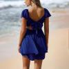 imageEXLURA Womens 2025 Summer Ruffle Short Sleeve Tie Back Romper Dress Square Neck A Line Cute Dressy Short JumpsuitsNavy Blue