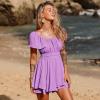 imageEXLURA Womens 2025 Summer Ruffle Short Sleeve Tie Back Romper Dress Square Neck A Line Cute Dressy Short JumpsuitsPurple