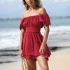 imageEXLURA Womens 2025 Summer Ruffle Short Sleeve Tie Back Romper Dress Square Neck A Line Cute Dressy Short JumpsuitsRed