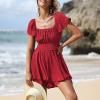 imageEXLURA Womens 2025 Summer Ruffle Short Sleeve Tie Back Romper Dress Square Neck A Line Cute Dressy Short JumpsuitsRed