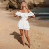 imageEXLURA Womens 2025 Summer Ruffle Short Sleeve Tie Back Romper Dress Square Neck A Line Cute Dressy Short JumpsuitsWhite