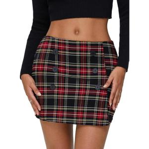 imageEXLURA Womens Button Bodycon Mini Skirt Sexy Night Club High Waist Elastic Y2K Fall Winter Plaid SkirtsBlack Red