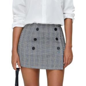 imageEXLURA Womens Button Bodycon Mini Skirt Sexy Night Club High Waist Elastic Y2K Fall Winter Plaid SkirtsBlack White