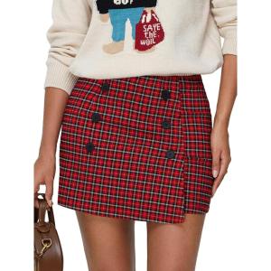 imageEXLURA Womens Button Bodycon Mini Skirt Sexy Night Club High Waist Elastic Y2K Fall Winter Plaid SkirtsDark Red