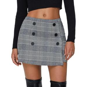 imageEXLURA Womens Button Bodycon Mini Skirt Sexy Night Club High Waist Elastic Y2K Fall Winter Plaid SkirtsGrey