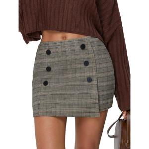 imageEXLURA Womens Button Bodycon Mini Skirt Sexy Night Club High Waist Elastic Y2K Fall Winter Plaid SkirtsKhaki
