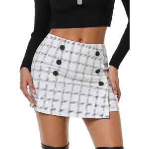 imageEXLURA Womens Button Bodycon Mini Skirt Sexy Night Club High Waist Elastic Y2K Fall Winter Plaid SkirtsWhite Plaid