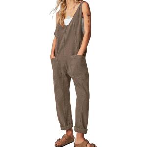 imageEXLURA Womens Fall High Roller Denim Bib Jumpsuits Casual Loose Overalls Baggy Jeans Romper with Pockets 2024 OutfitsKhaki