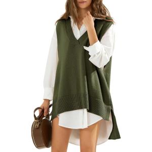 imageEXLURA Womens Oversized Sweater Vest Knit V Neck Tunic Casual Sleeveless Long Pullover Tank Tops Winter Spring Trendy 2025Army Green