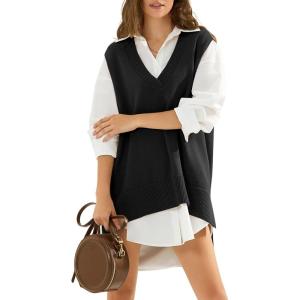 imageEXLURA Womens Oversized Sweater Vest Knit V Neck Tunic Casual Sleeveless Long Pullover Tank Tops Winter Spring Trendy 2025Black