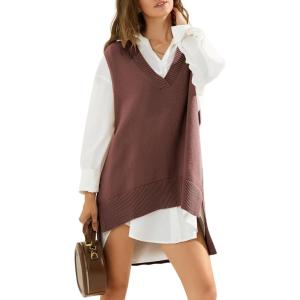imageEXLURA Womens Oversized Sweater Vest Knit V Neck Tunic Casual Sleeveless Long Pullover Tank Tops Winter Spring Trendy 2025Brown