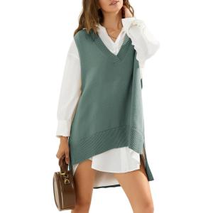imageEXLURA Womens Oversized Sweater Vest Knit V Neck Tunic Casual Sleeveless Long Pullover Tank Tops Winter Spring Trendy 2025Green