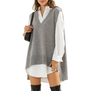 imageEXLURA Womens Oversized Sweater Vest Knit V Neck Tunic Casual Sleeveless Long Pullover Tank Tops Winter Spring Trendy 2025Grey