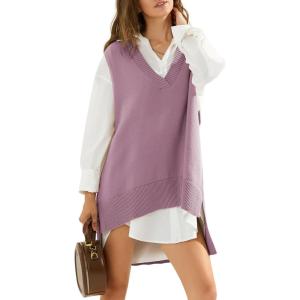 imageEXLURA Womens Oversized Sweater Vest Knit V Neck Tunic Casual Sleeveless Long Pullover Tank Tops Winter Spring Trendy 2025Grey Purple