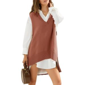 imageEXLURA Womens Oversized Sweater Vest Knit V Neck Tunic Casual Sleeveless Long Pullover Tank Tops Winter Spring Trendy 2025Red Brown