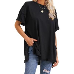 imageEXLURA Womens Summer Oversized T Shirts 2025 Casual Short Sleeve Loose Maternity Tops Crewneck Tunic Plus Gym Workout TopBlack