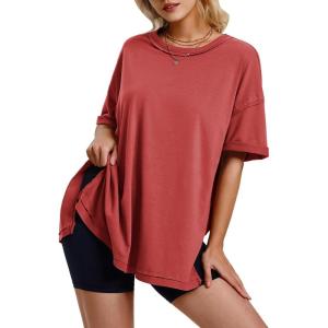 imageEXLURA Womens Summer Oversized T Shirts 2025 Casual Short Sleeve Loose Maternity Tops Crewneck Tunic Plus Gym Workout TopBrick Red