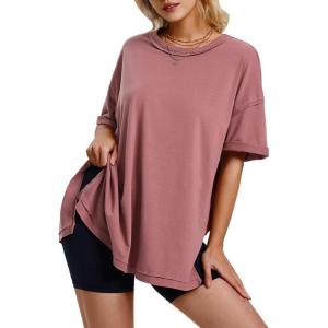 imageEXLURA Womens Summer Oversized T Shirts 2025 Casual Short Sleeve Loose Maternity Tops Crewneck Tunic Plus Gym Workout TopBrown