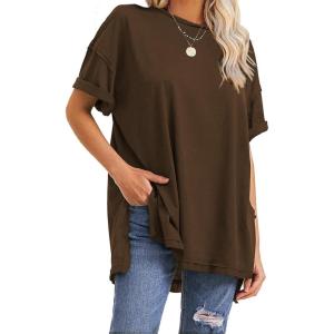 imageEXLURA Womens Summer Oversized T Shirts 2025 Casual Short Sleeve Loose Maternity Tops Crewneck Tunic Plus Gym Workout TopDark Brown