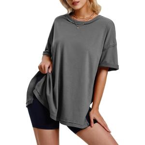 imageEXLURA Womens Summer Oversized T Shirts 2025 Casual Short Sleeve Loose Maternity Tops Crewneck Tunic Plus Gym Workout TopDark Grey