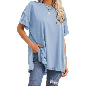 imageEXLURA Womens Summer Oversized T Shirts 2025 Casual Short Sleeve Loose Maternity Tops Crewneck Tunic Plus Gym Workout TopGrey Blue