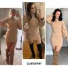 imageEXLURA Womens 2025 Mock Neck Ribbed Long Sleeve Bodycon Pullover Cute Mini Sweater DressApricot