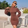 imageEXLURA Womens 2025 Mock Neck Ribbed Long Sleeve Bodycon Pullover Cute Mini Sweater DressCaramel