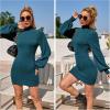 imageEXLURA Womens 2025 Mock Neck Ribbed Long Sleeve Bodycon Pullover Cute Mini Sweater DressDark Blue