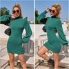 imageEXLURA Womens 2025 Mock Neck Ribbed Long Sleeve Bodycon Pullover Cute Mini Sweater DressDark Green