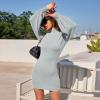 imageEXLURA Womens 2025 Mock Neck Ribbed Long Sleeve Bodycon Pullover Cute Mini Sweater DressGrey Blue