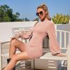 imageEXLURA Womens 2025 Mock Neck Ribbed Long Sleeve Bodycon Pullover Cute Mini Sweater DressPink