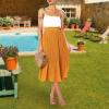 imageEXLURA Womens High Waist Polka Dot Pleated Skirt Midi Swing Skirt with PocketsMustard Yellow