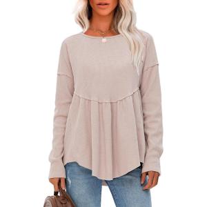 imageEXLURA Waffle Knit Long Sleeve Shirts for Womens Crewneck Loose Babydoll Tunic Tops Maternity Tops Fall Fashion 2025 ClothesApricot