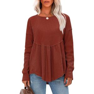imageEXLURA Waffle Knit Long Sleeve Shirts for Womens Crewneck Loose Babydoll Tunic Tops Maternity Tops Fall Fashion 2025 ClothesBurgundy