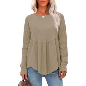 imageEXLURA Waffle Knit Long Sleeve Shirts for Womens Crewneck Loose Babydoll Tunic Tops Maternity Tops Fall Fashion 2025 ClothesCoffee Grey