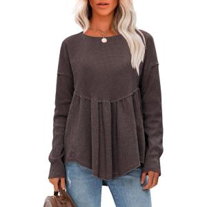 imageEXLURA Waffle Knit Long Sleeve Shirts for Womens Crewneck Loose Babydoll Tunic Tops Maternity Tops Fall Fashion 2025 ClothesDark Brown