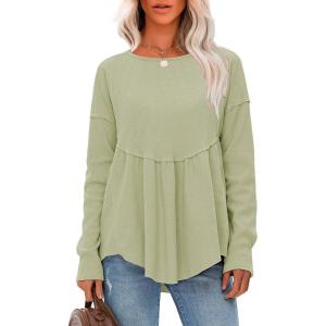 imageEXLURA Waffle Knit Long Sleeve Shirts for Womens Crewneck Loose Babydoll Tunic Tops Maternity Tops Fall Fashion 2025 ClothesGrey Green