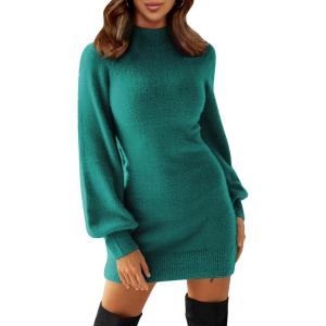 imageEXLURA Womens 2025 Mock Neck Ribbed Long Sleeve Bodycon Pullover Cute Mini Sweater DressDark Green
