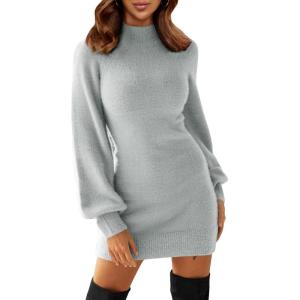 imageEXLURA Womens 2025 Mock Neck Ribbed Long Sleeve Bodycon Pullover Cute Mini Sweater DressGrey Blue