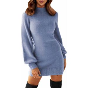 imageEXLURA Womens 2025 Mock Neck Ribbed Long Sleeve Bodycon Pullover Cute Mini Sweater DressLight Blue