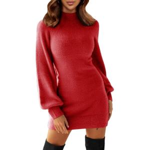 imageEXLURA Womens 2025 Mock Neck Ribbed Long Sleeve Bodycon Pullover Cute Mini Sweater DressRed