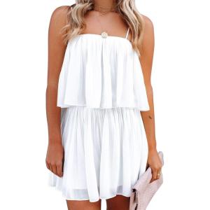 imageEXLURA Womens 2025 Summer Romper Dress Spaghetti Strap Pleated Fashion Short Jumpsuit OutfitsWhite