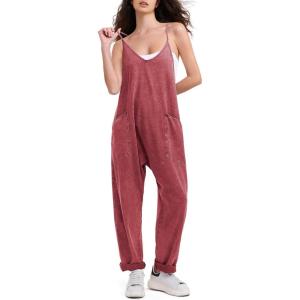 imageEXLURA Womens Casual Summer Jumpsuits 2025 Romper Bib Outfits Adjustable Straps Denim Overalls with PocketsMaroon