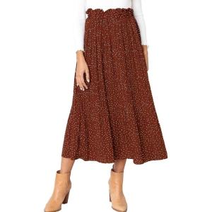 imageEXLURA Womens High Waist Polka Dot Pleated Skirt Midi Swing Skirt with PocketsCoffee