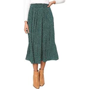 imageEXLURA Womens High Waist Polka Dot Pleated Skirt Midi Swing Skirt with PocketsGreen