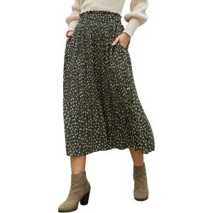 imageEXLURA Womens High Waist Polka Dot Pleated Skirt Midi Swing Skirt with PocketsGreenfloral Print